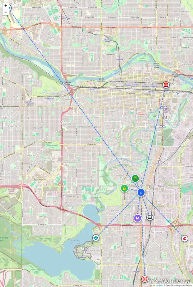 Daily accessibility map for 405 52 AV SW, Calgary showing nearby schools, grocery stores, parks, LRT stations and nearby amenities