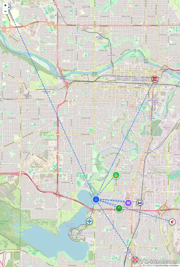 Daily accessibility map for 67 BEL-AIRE PL SW, Calgary showing nearby schools, grocery stores, parks, LRT stations and nearby amenities