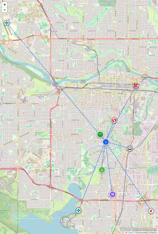 Daily accessibility map for 3822 6 ST SW, Calgary showing nearby schools, grocery stores, parks, LRT stations and nearby amenities