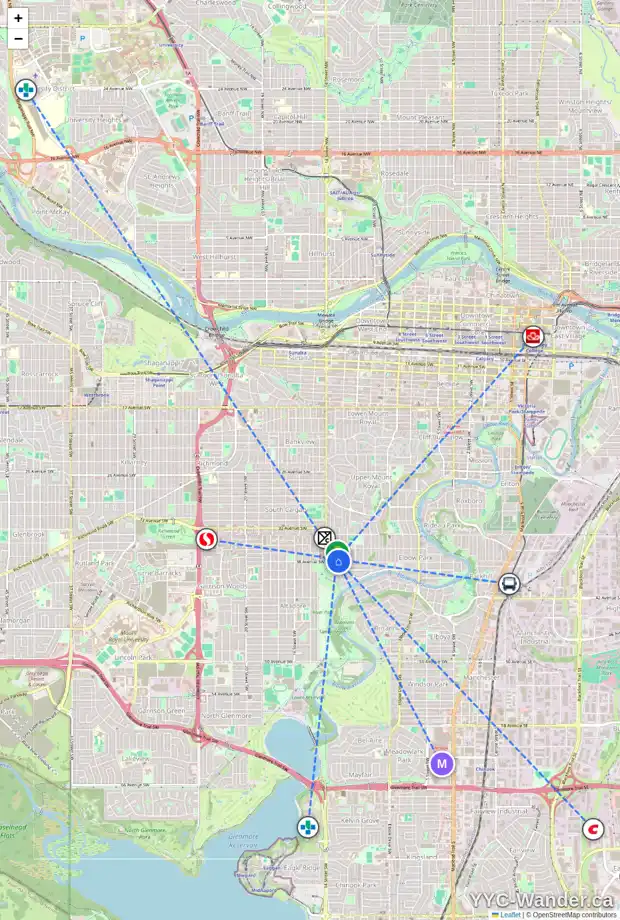Daily accessibility map for 1308 38 AV SW, Calgary showing nearby schools, grocery stores, parks, LRT stations and nearby amenities