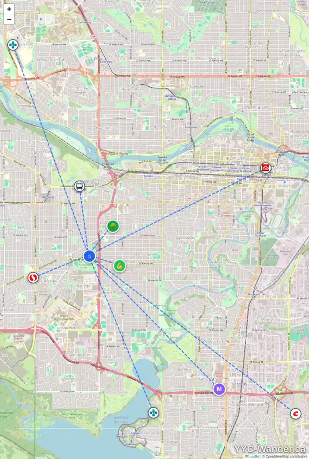 Daily accessibility map for 3224 25A ST SW, Calgary showing nearby schools, grocery stores, parks, LRT stations and nearby amenities