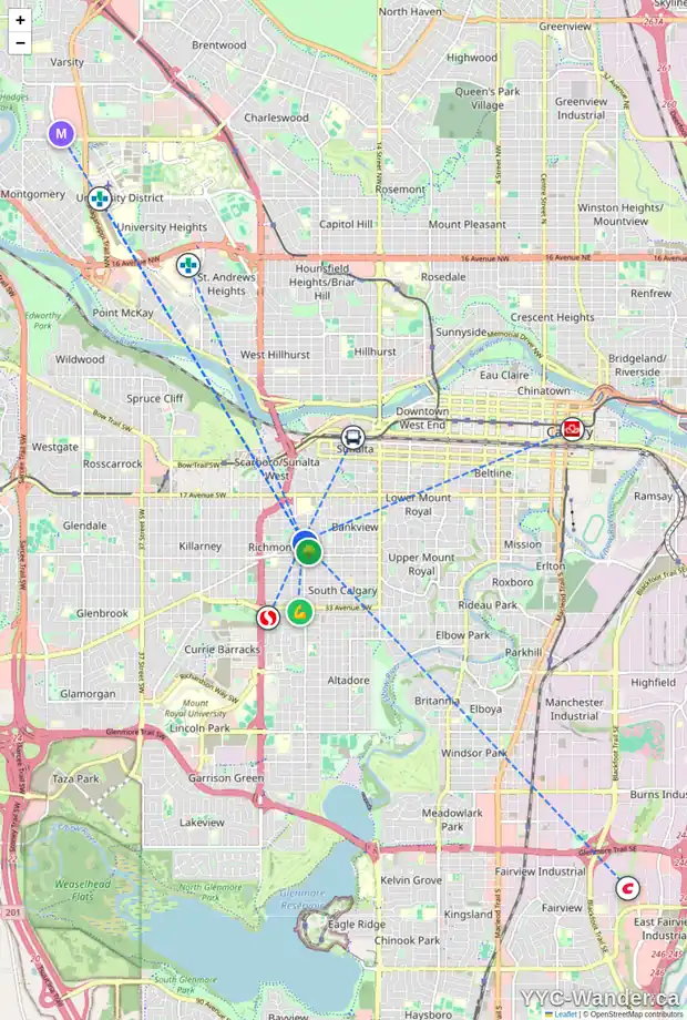Daily accessibility map for 2518 21 ST SW, Calgary showing nearby schools, grocery stores, parks, LRT stations and nearby amenities