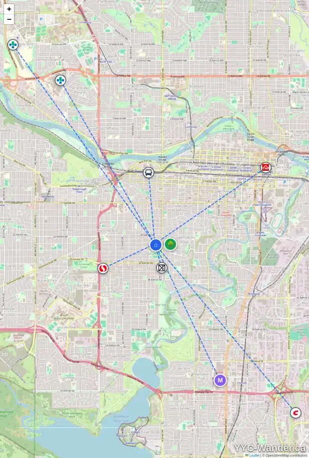 Daily accessibility map for 2907 15 ST SW, Calgary showing nearby schools, grocery stores, parks, LRT stations and nearby amenities