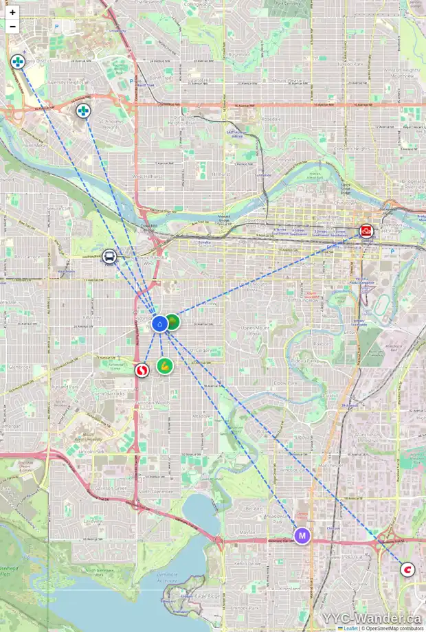 Daily accessibility map for 2645 21 ST SW, Calgary showing nearby schools, grocery stores, parks, LRT stations and nearby amenities
