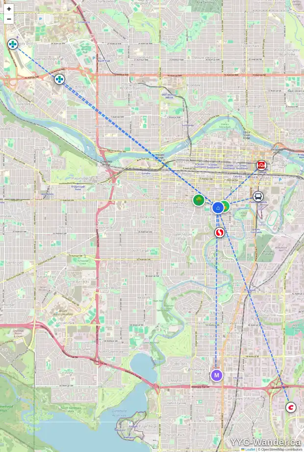 Daily accessibility map for 536 19 AV SW, Calgary showing nearby schools, grocery stores, parks, LRT stations and nearby amenities