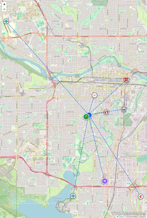 Daily accessibility map for 2706 10 ST SW, Calgary showing nearby schools, grocery stores, parks, LRT stations and nearby amenities