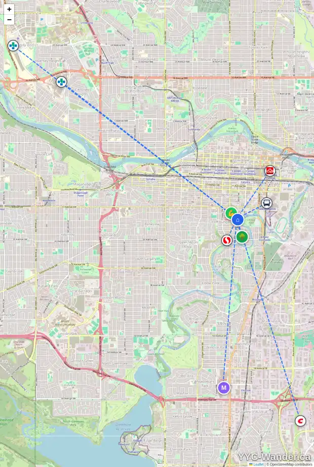 Daily accessibility map for 2001 2 ST SW, Calgary showing nearby schools, grocery stores, parks, LRT stations and nearby amenities