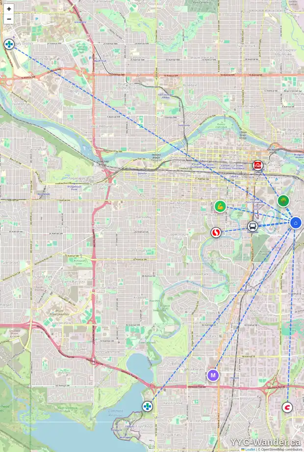 Daily accessibility map for 801 23 AV SE, Calgary showing nearby schools, grocery stores, parks, LRT stations and nearby amenities