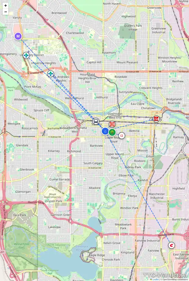 Daily accessibility map for 902 1334 14 AV SW, Calgary showing nearby schools, grocery stores, parks, LRT stations and nearby amenities