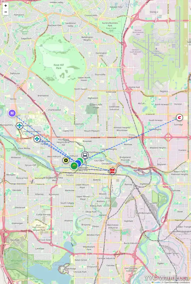 Daily accessibility map for 1414 MEMORIAL DR NW, Calgary showing nearby schools, grocery stores, parks, LRT stations and nearby amenities