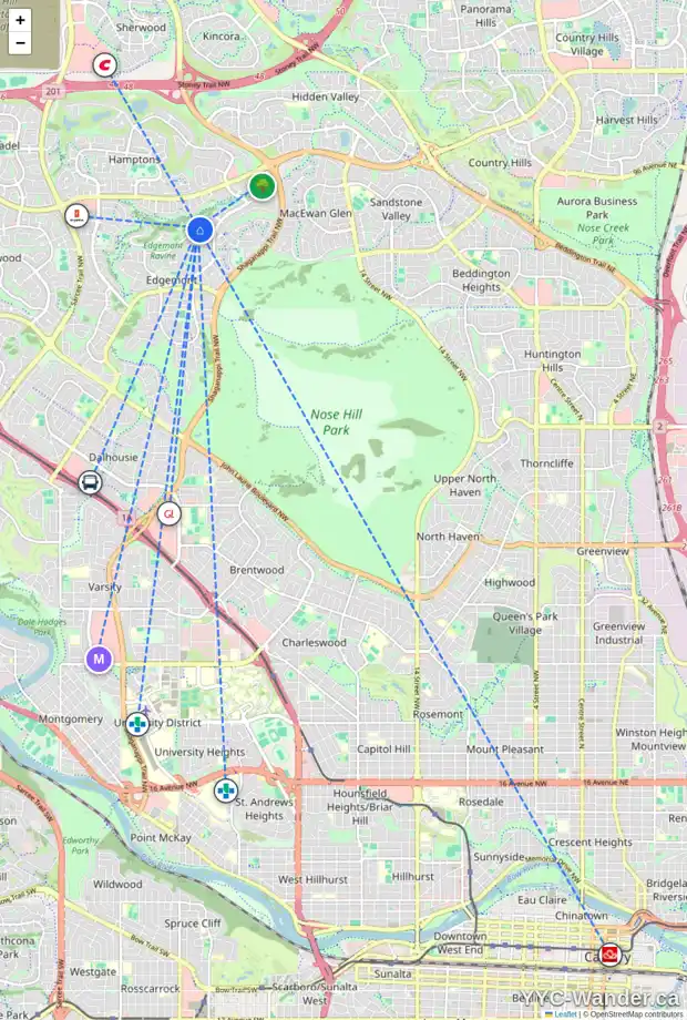 Daily accessibility map for 216 EDGEVALLEY WY NW, Calgary showing nearby schools, grocery stores, parks, LRT stations and nearby amenities