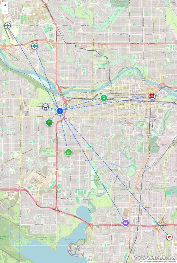 Daily accessibility map for 1436 23 ST SW, Calgary showing nearby schools, grocery stores, parks, LRT stations and nearby amenities