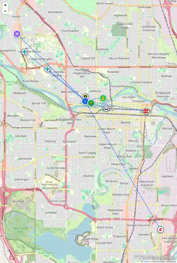 Daily accessibility map for 1909 BOWNESS RD NW, Calgary showing nearby schools, grocery stores, parks, LRT stations and nearby amenities