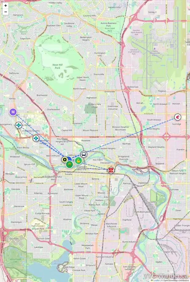 Daily accessibility map for 1802 KENSINGTON RD NW, Calgary showing nearby schools, grocery stores, parks, LRT stations and nearby amenities