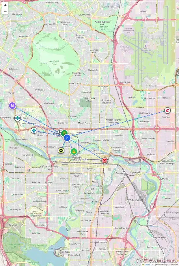 Daily accessibility map for 1106 16 ST NW, Calgary showing nearby schools, grocery stores, parks, LRT stations and nearby amenities