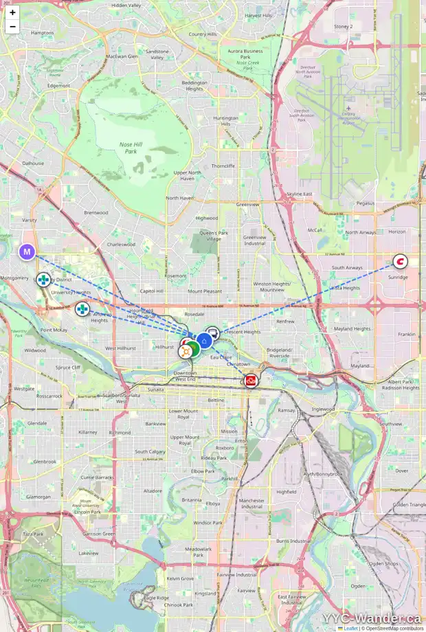 Daily accessibility map for 6 715 2 AV NW, Calgary showing nearby schools, grocery stores, parks, LRT stations and nearby amenities