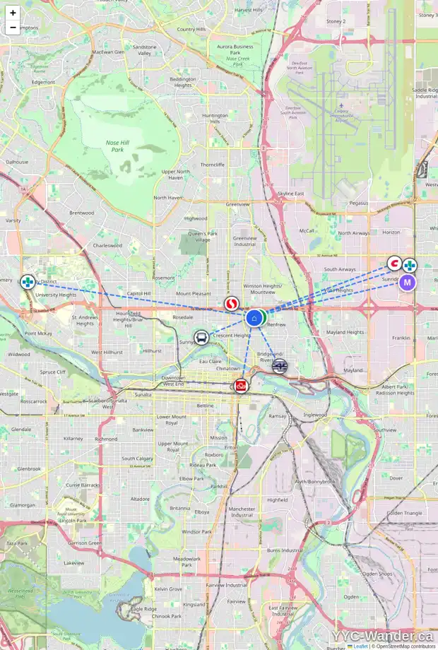 Daily accessibility map for 521 14 AV NE, Calgary showing nearby schools, grocery stores, parks, LRT stations and nearby amenities
