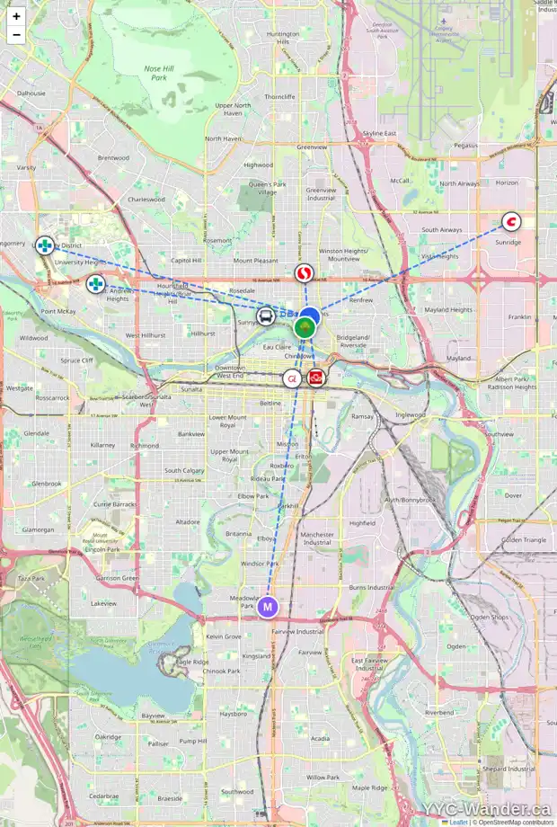 Daily accessibility map for 202 7 AV NE, Calgary showing nearby schools, grocery stores, parks, LRT stations and nearby amenities