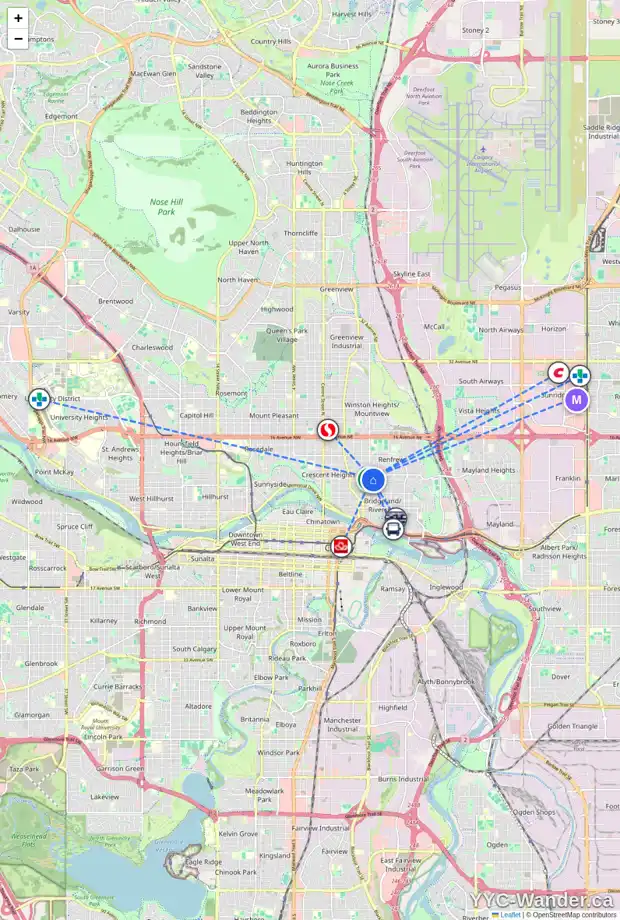 Daily accessibility map for 708 7 AV NE, Calgary showing nearby schools, grocery stores, parks, LRT stations and nearby amenities