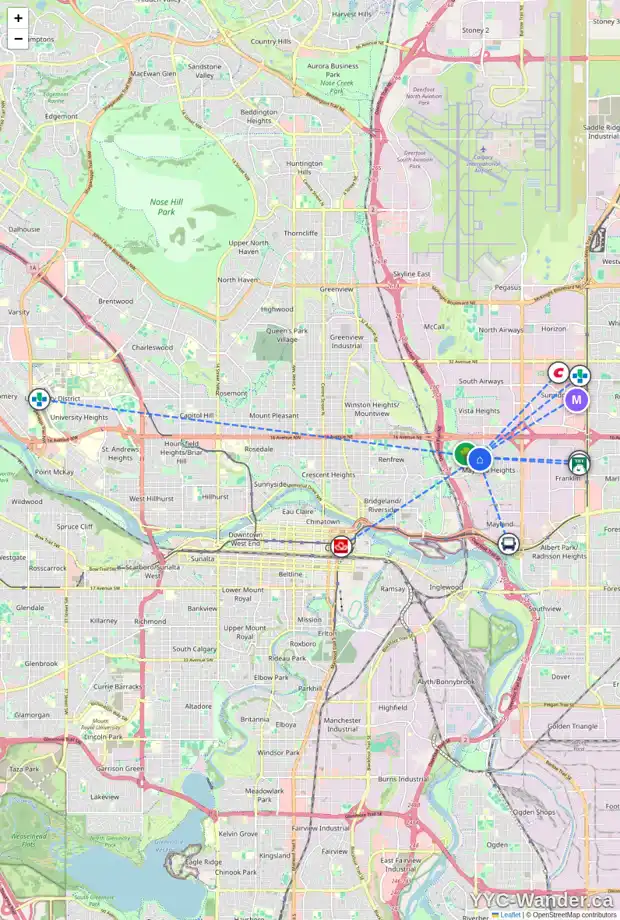 Daily accessibility map for 1219 18A ST NE, Calgary showing nearby schools, grocery stores, parks, LRT stations and nearby amenities