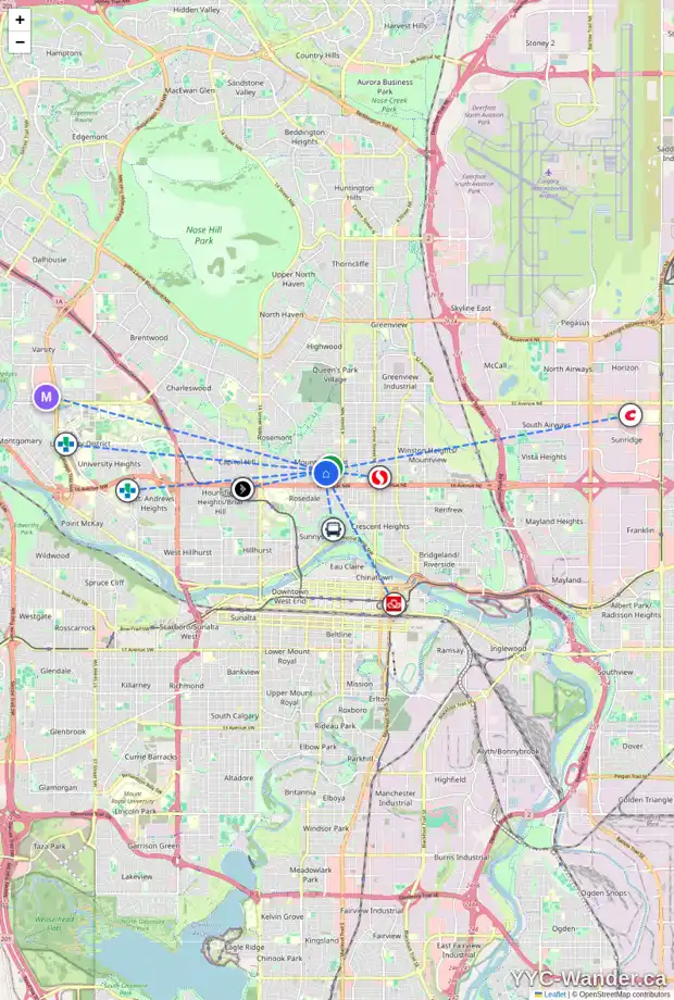 Daily accessibility map for 701 19 AV NW, Calgary showing nearby schools, grocery stores, parks, LRT stations and nearby amenities