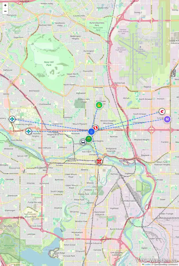Daily accessibility map for 216 15 AV NW, Calgary showing nearby schools, grocery stores, parks, LRT stations and nearby amenities