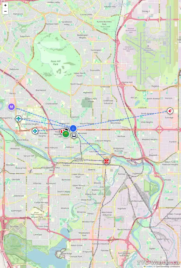 Daily accessibility map for 1408 17 AV NW, Calgary showing nearby schools, grocery stores, parks, LRT stations and nearby amenities