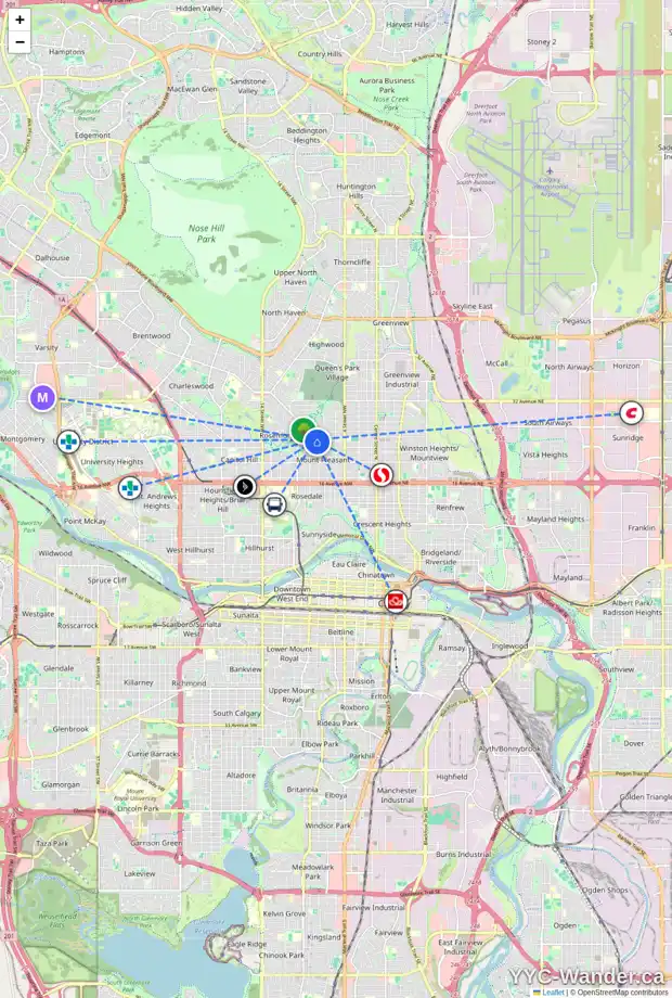Daily accessibility map for 808 24 AV NW, Calgary showing nearby schools, grocery stores, parks, LRT stations and nearby amenities
