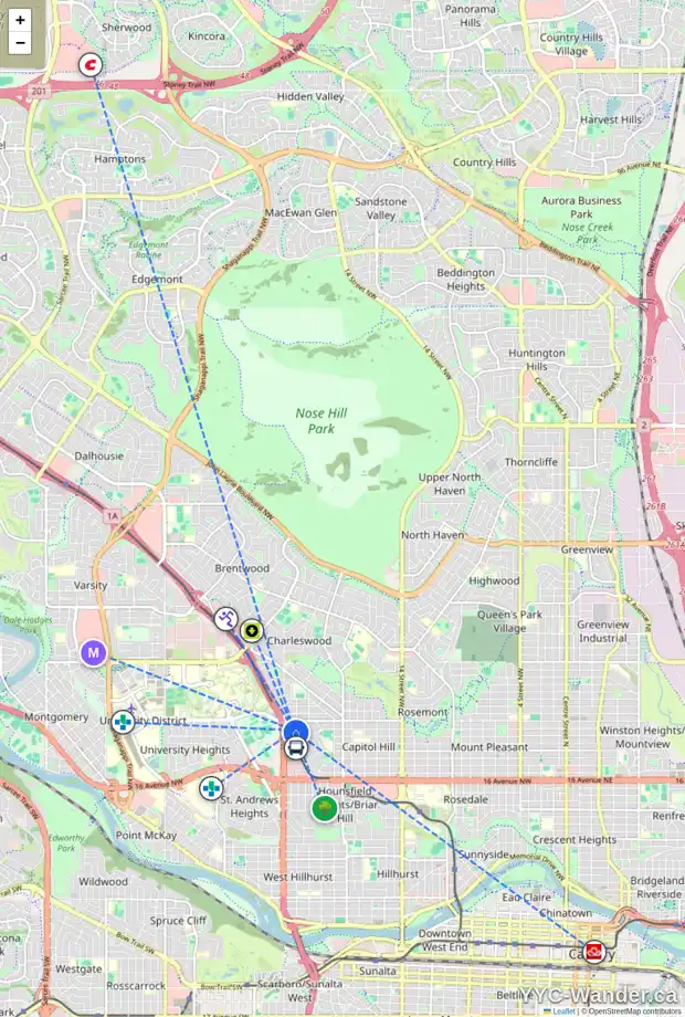 Daily accessibility map for 2443 23 ST NW, Calgary showing nearby schools, grocery stores, parks, LRT stations and nearby amenities