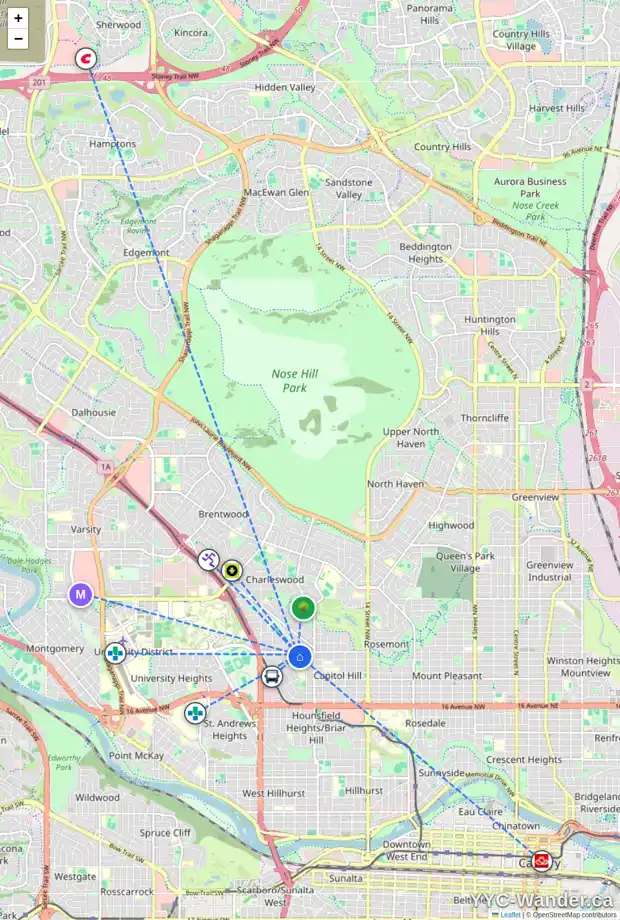 Daily accessibility map for 2127 24 AV NW, Calgary showing nearby schools, grocery stores, parks, LRT stations and nearby amenities