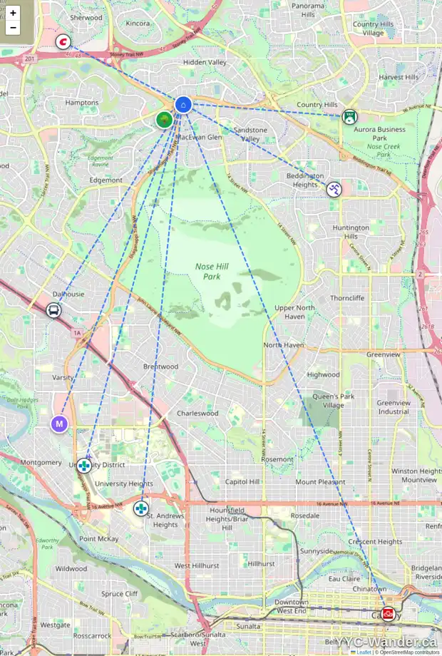 Daily accessibility map for 183 MACEWAN RIDGE VI NW, Calgary showing nearby schools, grocery stores, parks, LRT stations and nearby amenities