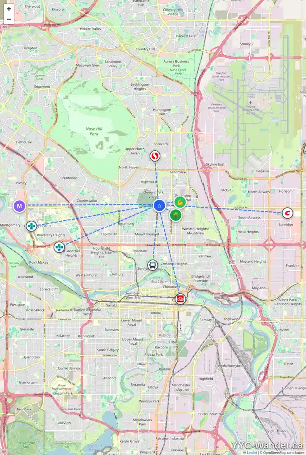 Daily accessibility map for 442 33 AV NW, Calgary showing nearby schools, grocery stores, parks, LRT stations and nearby amenities