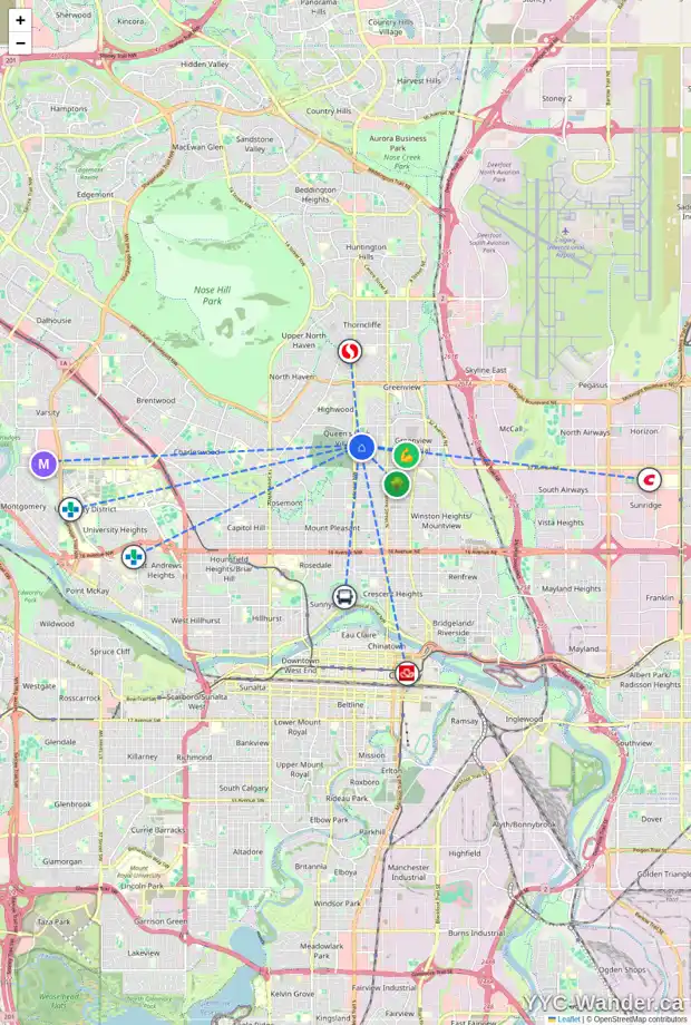 Daily accessibility map for 436 36 AV NW, Calgary showing nearby schools, grocery stores, parks, LRT stations and nearby amenities