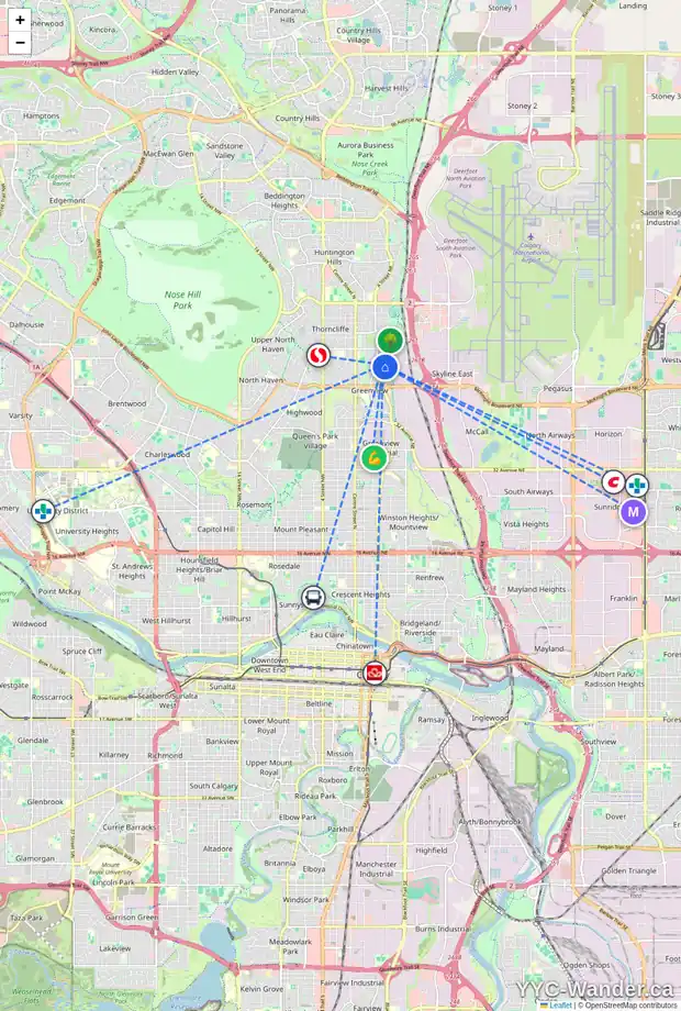Daily accessibility map for 1 103 GRIER TC NE, Calgary showing nearby schools, grocery stores, parks, LRT stations and nearby amenities