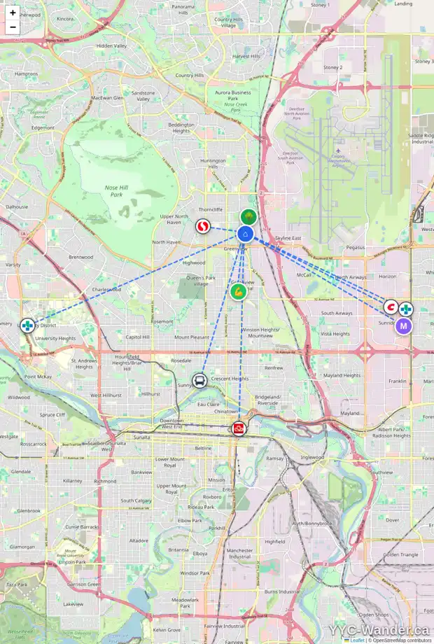 Daily accessibility map for 1 105 GRIER TC NE, Calgary showing nearby schools, grocery stores, parks, LRT stations and nearby amenities