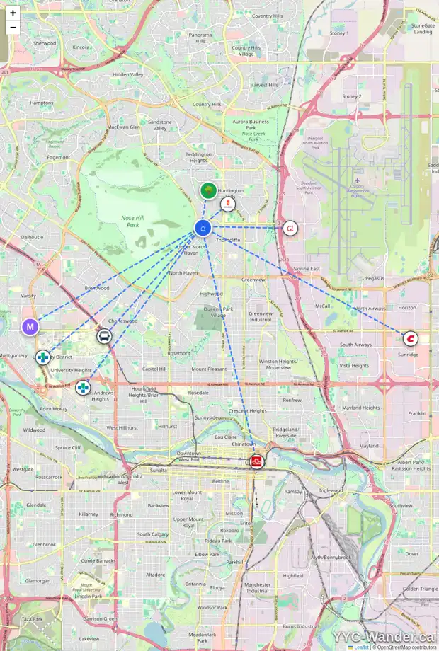 Daily accessibility map for 6618 HUNTSBAY RD NW, Calgary showing nearby schools, grocery stores, parks, LRT stations and nearby amenities