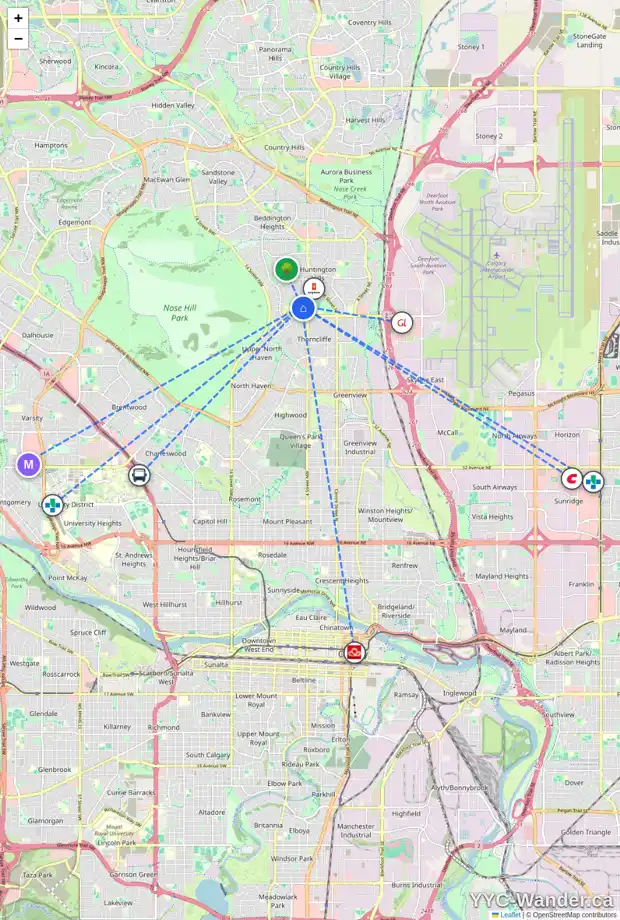 Daily accessibility map for 535 HUNTS CR NW, Calgary showing nearby schools, grocery stores, parks, LRT stations and nearby amenities