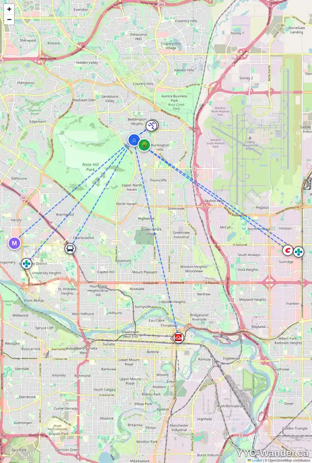Daily accessibility map for 7732 HUNTERVIEW DR NW, Calgary showing nearby schools, grocery stores, parks, LRT stations and nearby amenities
