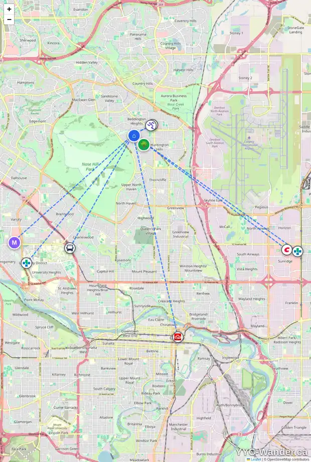 Daily accessibility map for 1160 HUNTERSTON HL NW, Calgary showing nearby schools, grocery stores, parks, LRT stations and nearby amenities