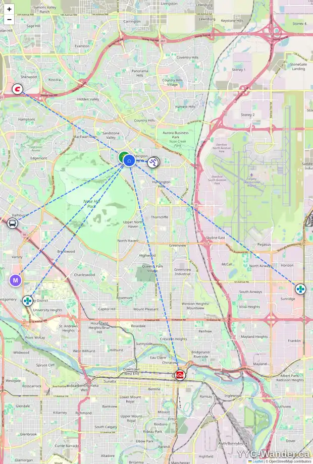 Daily accessibility map for 1124 BERKLEY DR NW, Calgary showing nearby schools, grocery stores, parks, LRT stations and nearby amenities