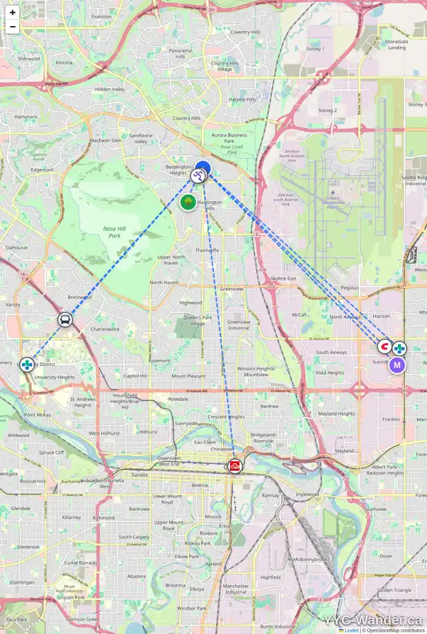 Daily accessibility map for 8307 CENTRE ST NW, Calgary showing nearby schools, grocery stores, parks, LRT stations and nearby amenities