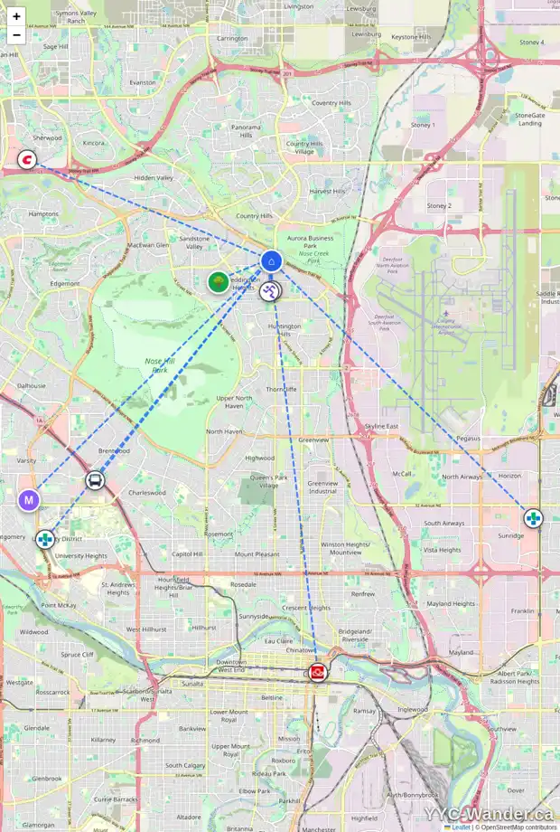 Daily accessibility map for 43 BERNARD CL NW, Calgary showing nearby schools, grocery stores, parks, LRT stations and nearby amenities