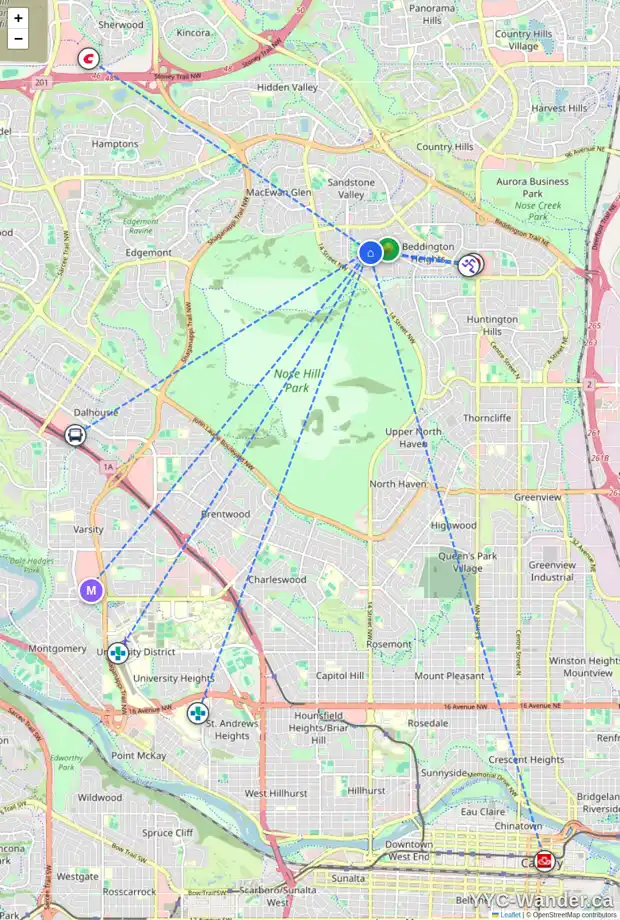 Daily accessibility map for 44 BEACHAM RI NW, Calgary showing nearby schools, grocery stores, parks, LRT stations and nearby amenities
