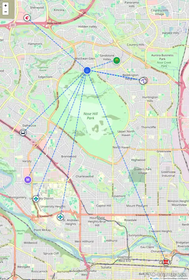 Daily accessibility map for 152 MACEWAN GLEN DR NW, Calgary showing nearby schools, grocery stores, parks, LRT stations and nearby amenities