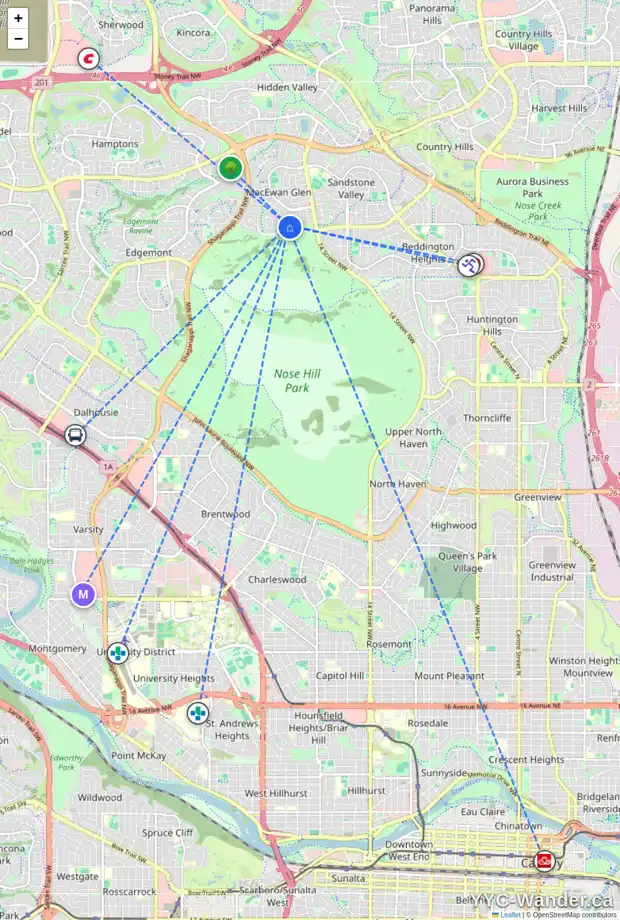 Daily accessibility map for 32 MACEWAN GLEN WY NW, Calgary showing nearby schools, grocery stores, parks, LRT stations and nearby amenities