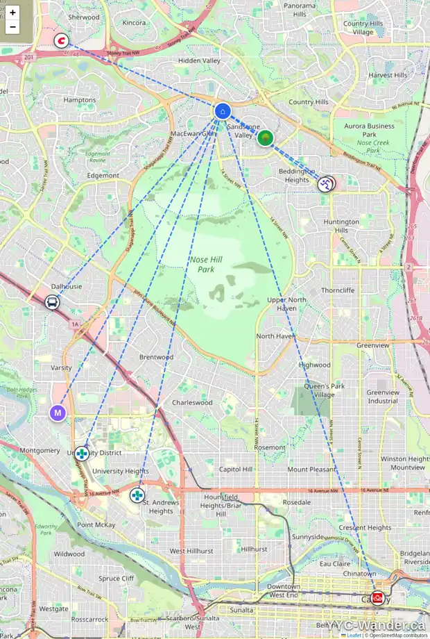 Daily accessibility map for 46 SANDALWOOD HT NW, Calgary showing nearby schools, grocery stores, parks, LRT stations and nearby amenities