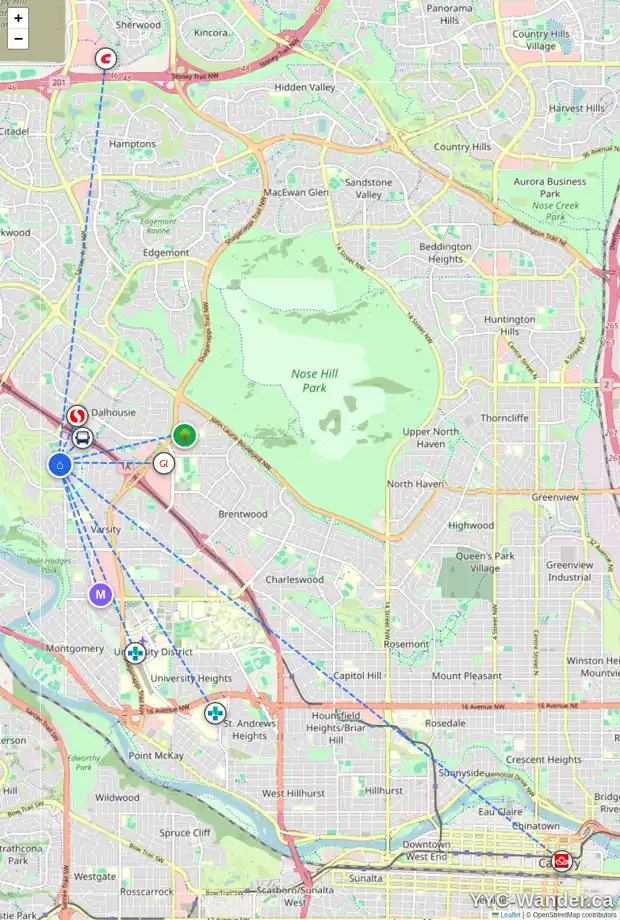 Daily accessibility map for 256 VARSITY ESTATES GV NW, Calgary showing nearby schools, grocery stores, parks, LRT stations and nearby amenities