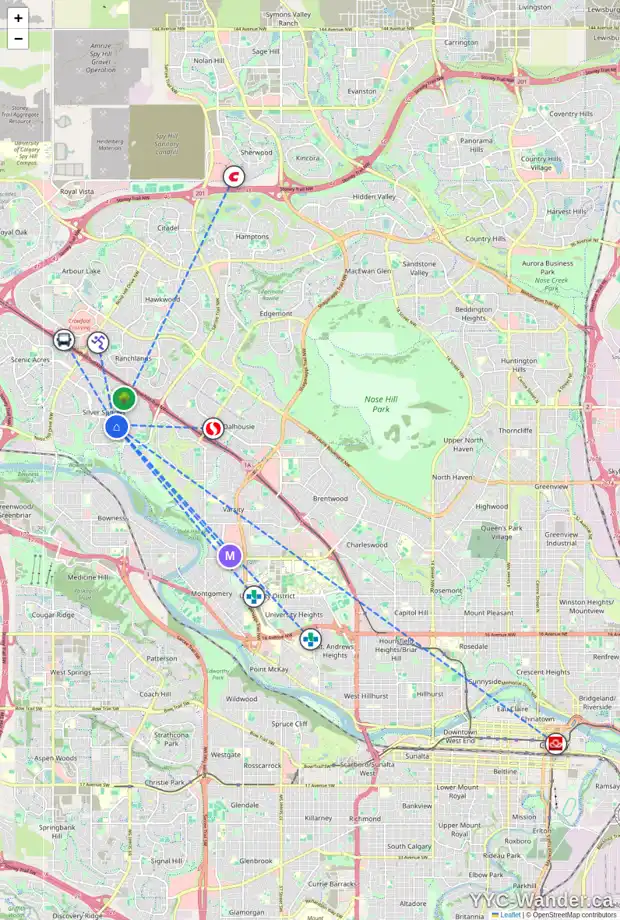 Daily accessibility map for 6227 72 ST NW, Calgary showing nearby schools, grocery stores, parks, LRT stations and nearby amenities