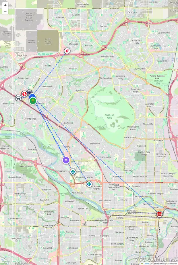 Daily accessibility map for 48 RANGE GR NW, Calgary showing nearby schools, grocery stores, parks, LRT stations and nearby amenities