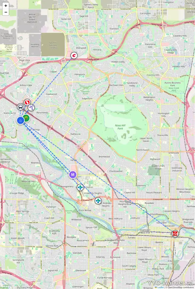 Daily accessibility map for 79 SCENIC WY NW, Calgary showing nearby schools, grocery stores, parks, LRT stations and nearby amenities